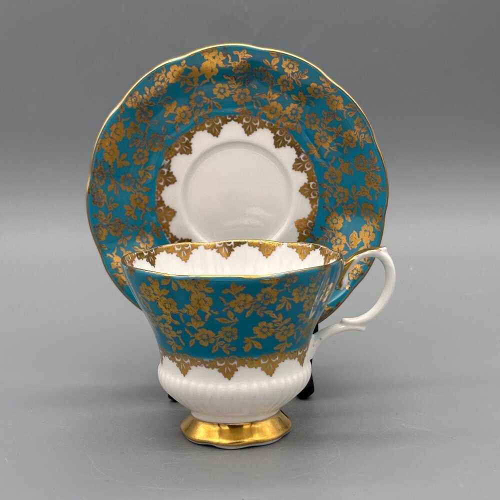 Vintage Royal Albert Teal And Gold Teacup And Saucer Consort Series Bone China